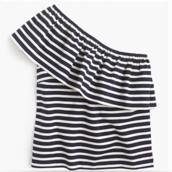 J.Crew One Shoulder Ruffle Navy off White Stripe Top - Picture 4 of 6